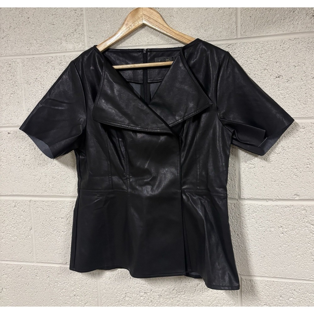 NWT Gracia Black Faux Leather V-Neck  Blouse Size Large